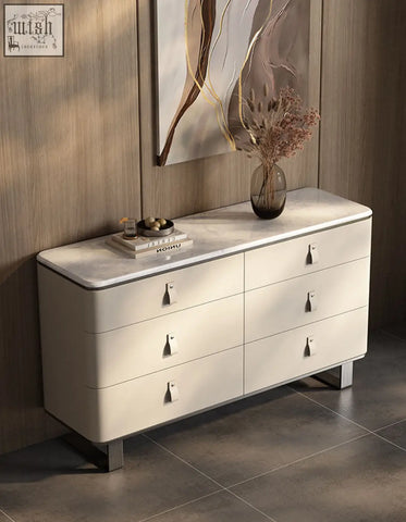 Modern white marble top g241 sideboard with six drawers, stainless steel handles and legs in beige finish