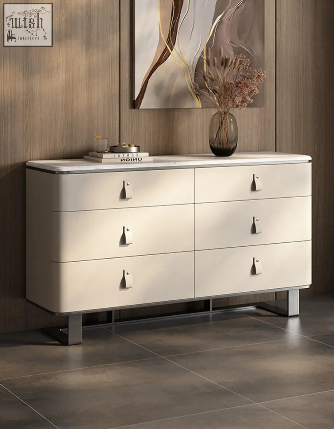 Modern white g241 sideboard with six drawers stainless steel handles and minimalist metal legs in beige finish
