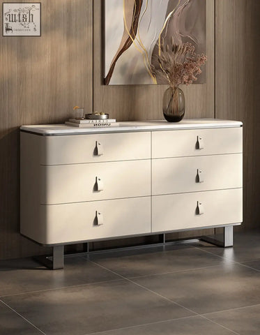 Modern white g241 sideboard with six drawers stainless steel handles and minimalist metal legs in beige finish