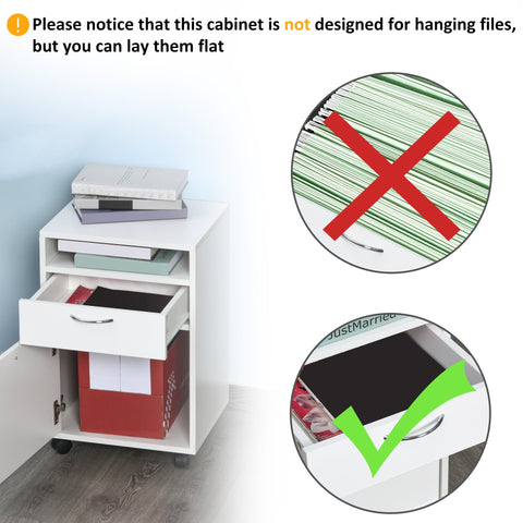 HOMCOM 60cm Filing Cabinet with Drawer, Open Shelf, Metal Handles and 4 Wheels, Office Home Organiser Mobile Printer, White