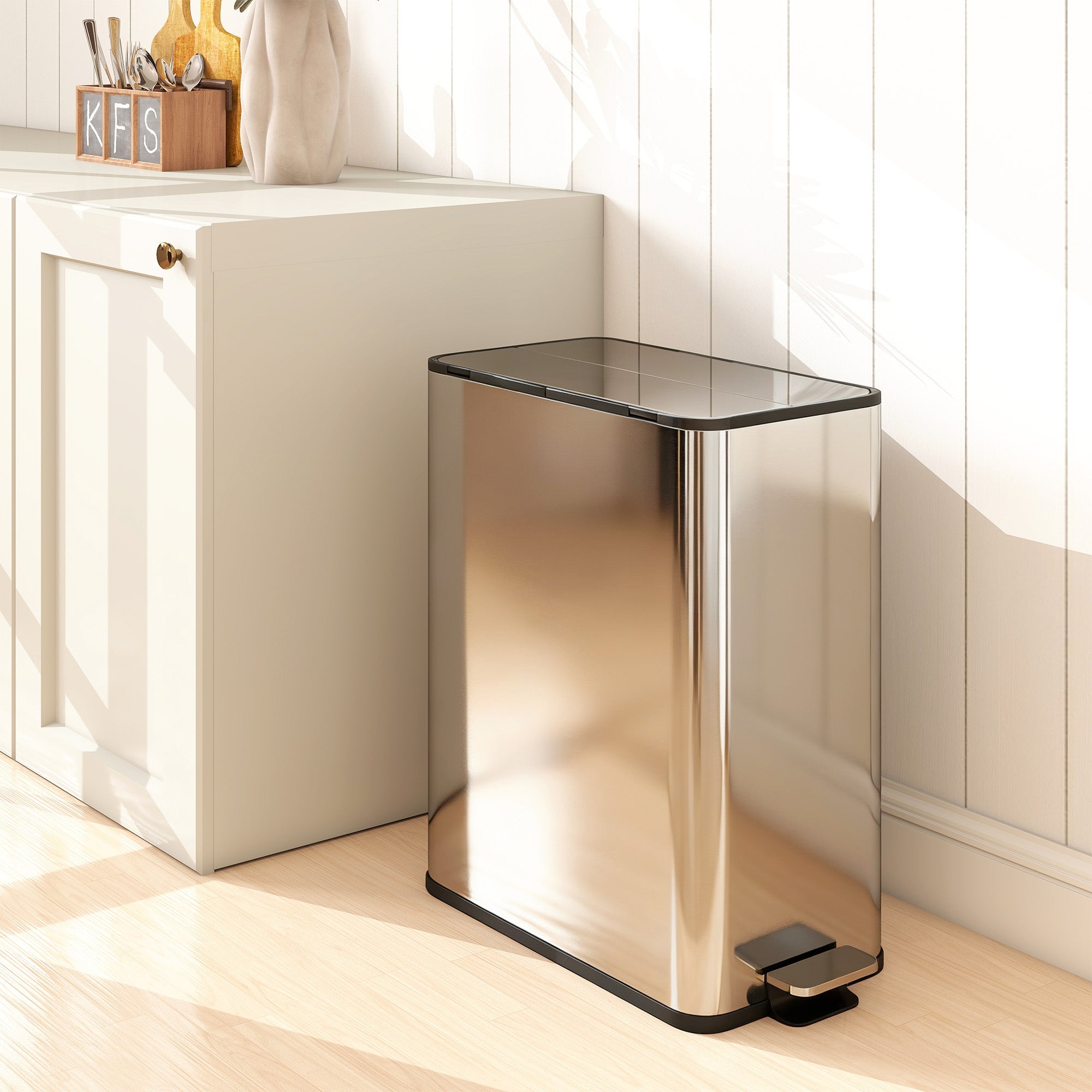 HOMCOM Dual Kitchen Bin with Soft-Close Butterfly Lid, 2 x 28L Stainless Steel Pedal Bin with Removable Inner Buckets, Fingerprint-Proof for Recycling and Waste, Silver Tone