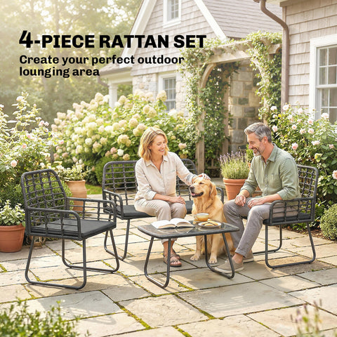 Outsunny 4 Piece Rattan Garden Furniture Set, Outdoor Patio Furniture with Loveseat, Armchairs and Coffee Table