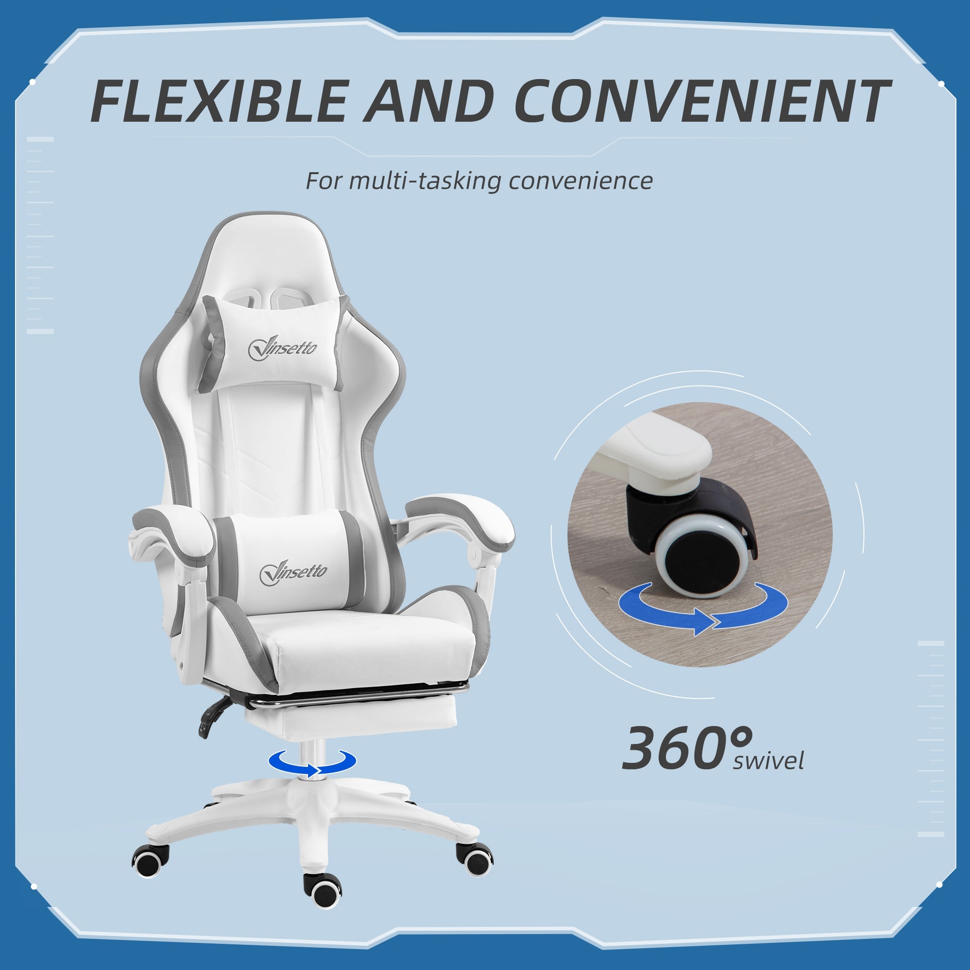 Vinsetto Computer Gaming Chair, PU Leather Desk Chair with Footrest, Swivel Task Chair with 135\'c2\'b0 Reclining Back and Lumbar Support, PC Chair for Adults, White and Grey