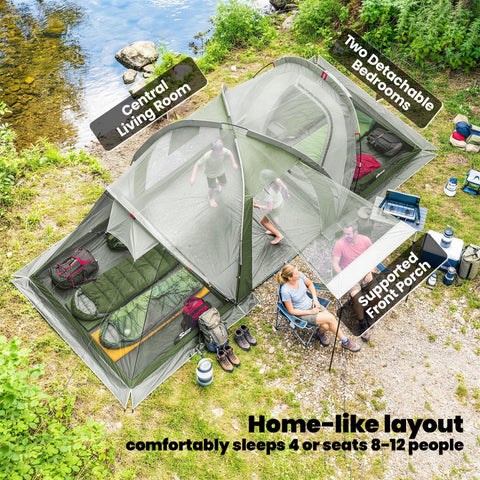 Outsunny Family Camping Tent 3000mm Waterproof Windproof Tunnel Tent 8-12 Person Two Bedrooms Green