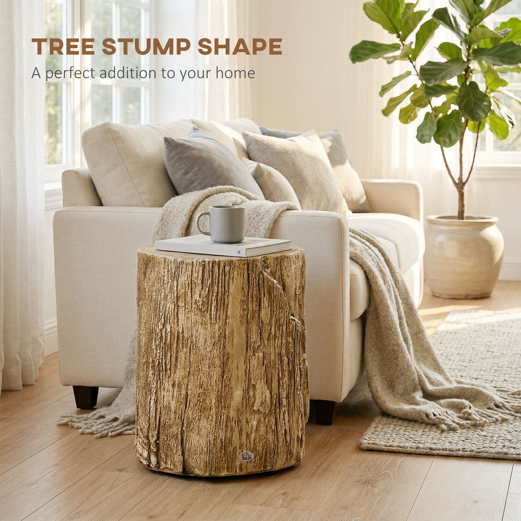 HOMCOM Tree Stump End Table, Round Concrete Side Table for Indoor and Outdoor Use, Natural Wood Effect