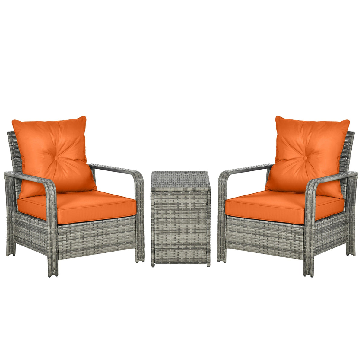 Outsunny 3 Pieces Rattan Bistro Set, Wicker Garden Furniture Set with Storage  Coffee Table and Chairs, Thickened Cushions for Outdoor, Patio, Balcony, Orange