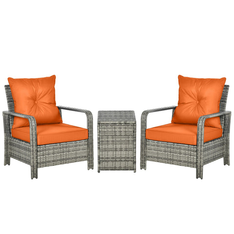 Outsunny 3 Pieces Rattan Bistro Set, Wicker Garden Furniture Set with Storage  Coffee Table and Chairs, Thickened Cushions for Outdoor, Patio, Balcony, Orange