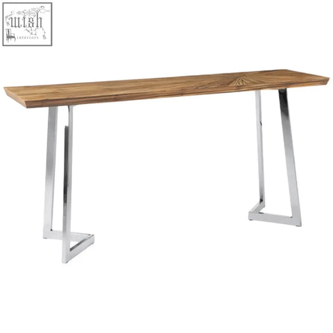Modern gabar natural bamboo console table with warm wood top and sleek chrome legs perfect as a bamboo console table
