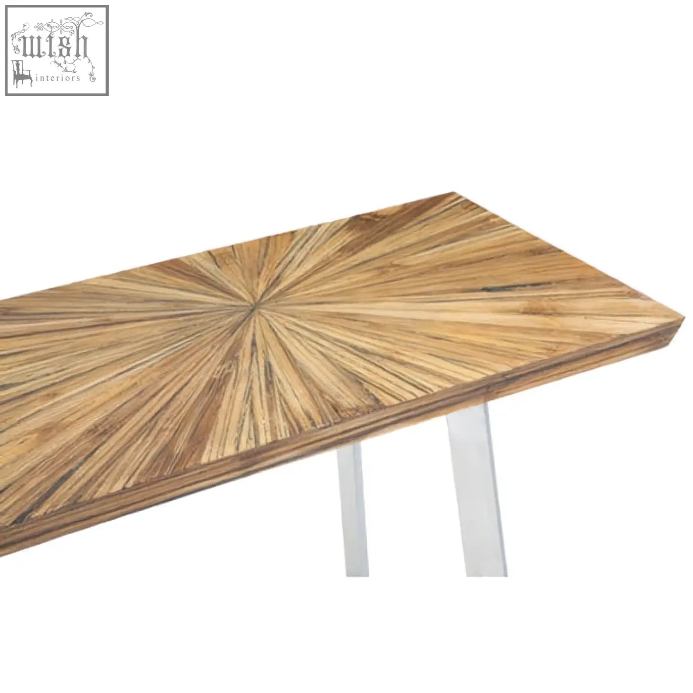 Gabar natural bamboo console table with a sunburst pattern of light brown bamboo and sleek silver legs