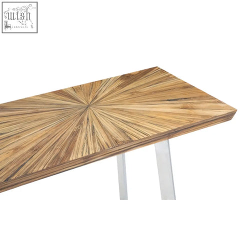 Gabar natural bamboo console table with a sunburst pattern of light brown bamboo and sleek silver legs