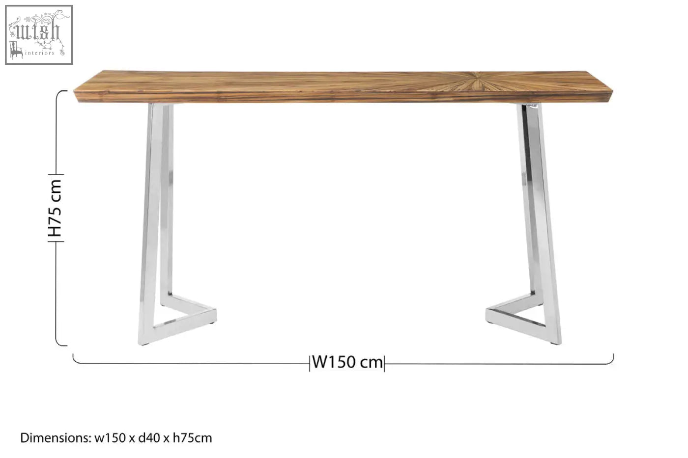 Gabar natural bamboo console table with warm wooden top featuring radial grain and sturdy chrome metal legs