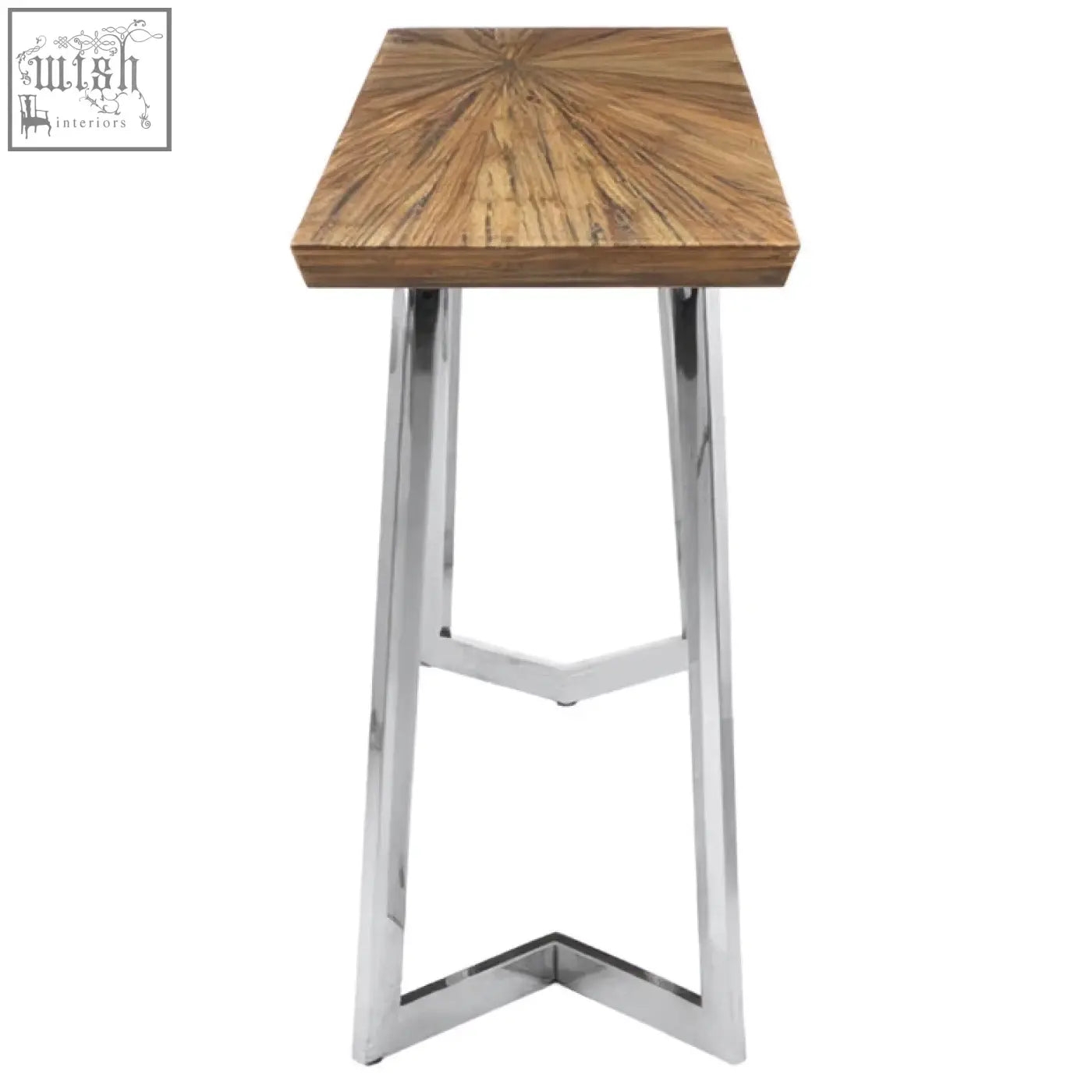 Natural bamboo console table with sunburst pattern wooden top and chrome metal legs perfect for entryways