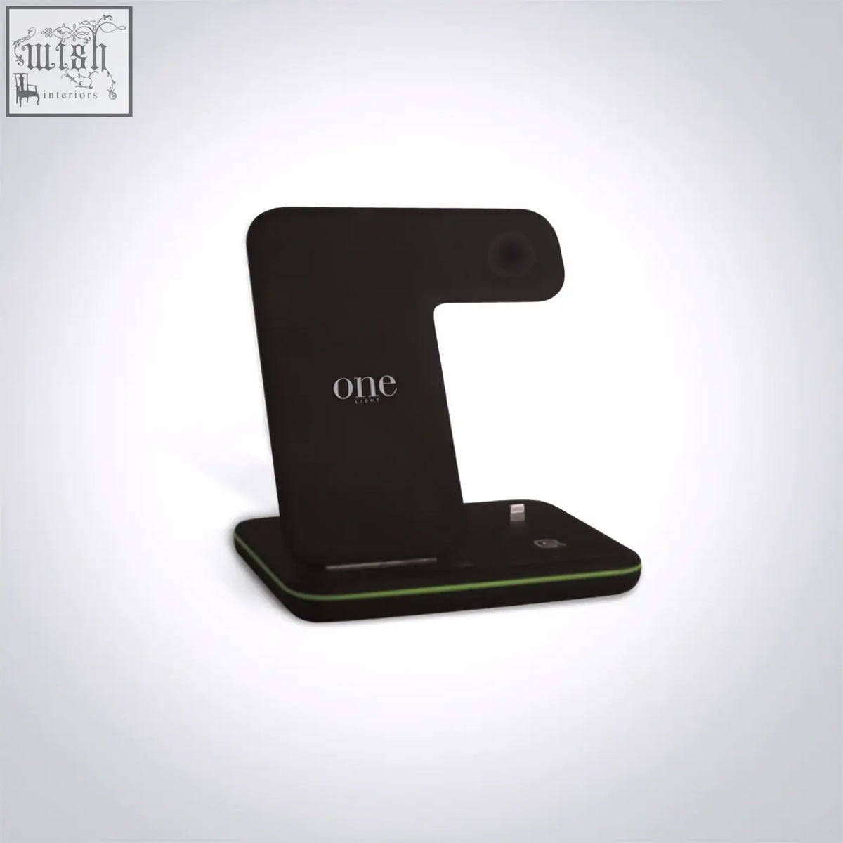 Black wireless charger stand with sleek minimalist design and green accent lighting for pro max devices