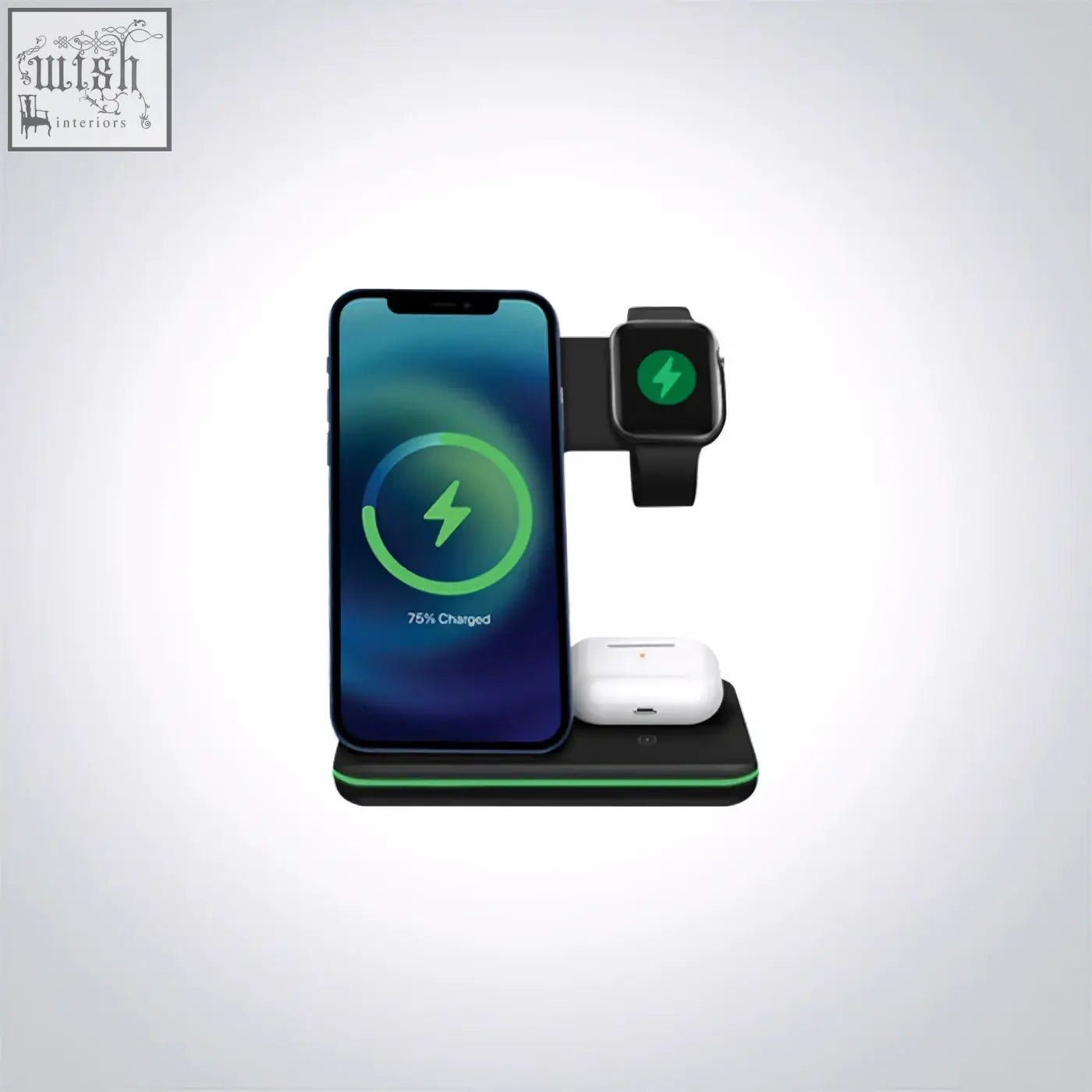 Black wireless charger pro max with green glowing edges holds smartphone smartwatch and earbuds in gadgets 61138