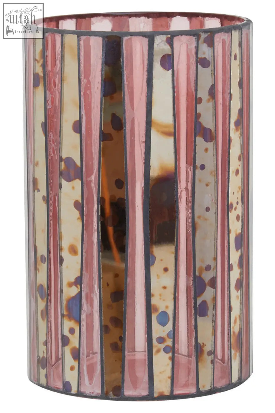 A large candle holder with gaia pink vertical stripes and purple brown speckles in a cylindrical glass design