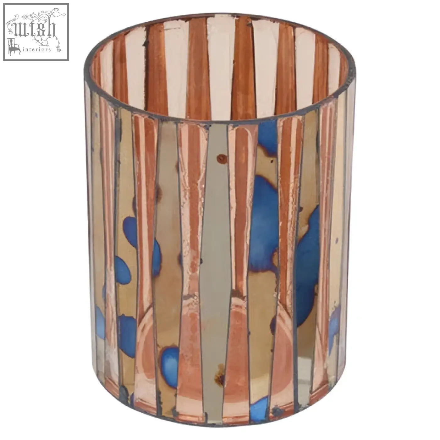 Gaia pink mosaic small candle holder with copper tone cylindrical design featuring vertical stripes and blue splotches