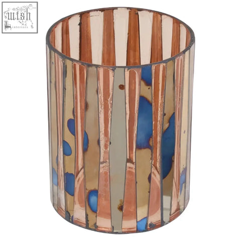 Gaia pink mosaic small candle holder with copper tone cylindrical design featuring vertical stripes and blue splotches