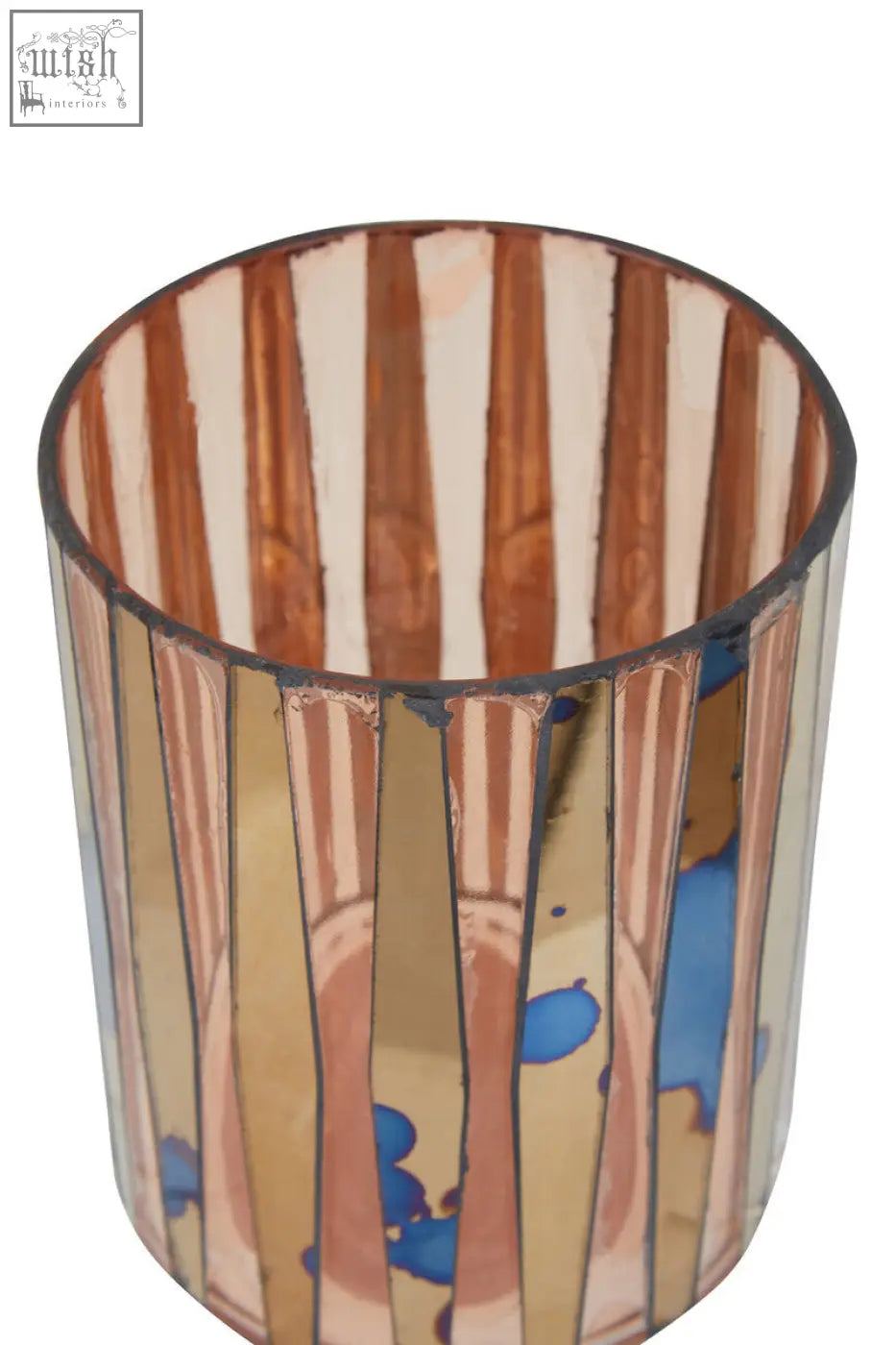Gaia pink mosaic small candle holder cylindrical glass with vertical copper beige and blue splatter stripes