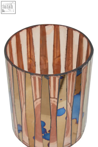 Gaia pink mosaic small candle holder cylindrical glass with vertical copper beige and blue splatter stripes