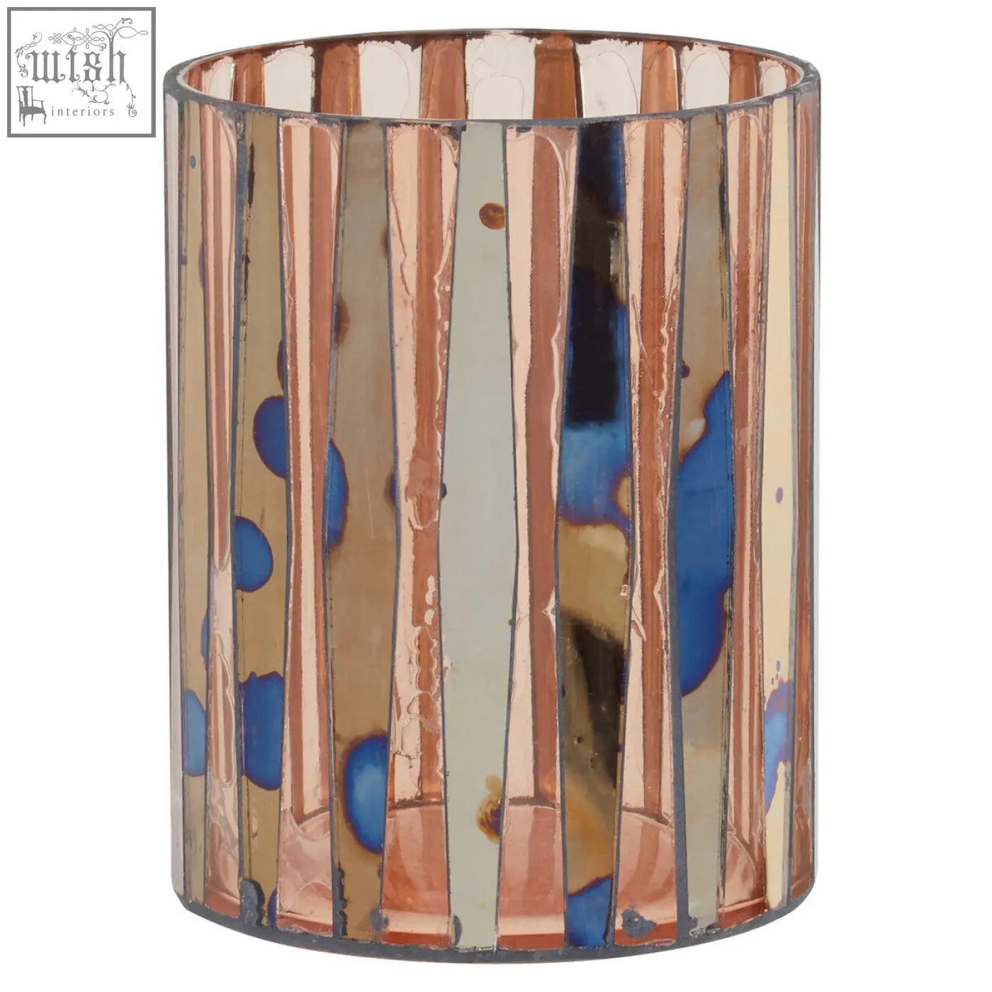 A gaia pink mosaic small candle holder with a cylindrical glass design and vertical copper cream and blue paint splatters