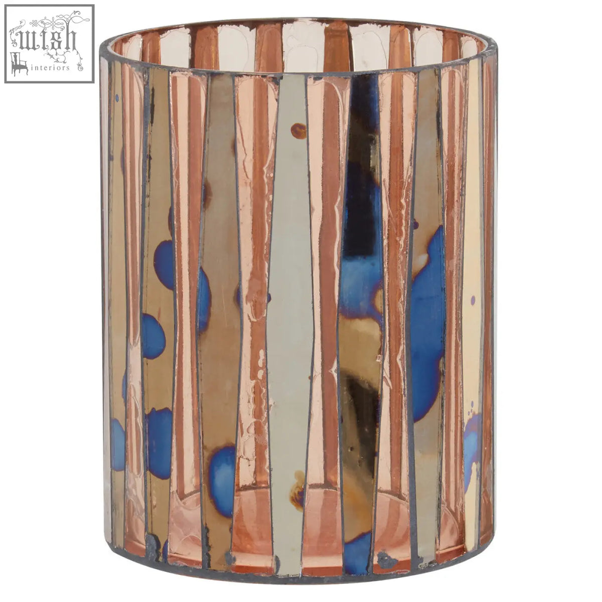 A gaia pink mosaic small candle holder with a cylindrical glass design and vertical copper cream and blue paint splatters