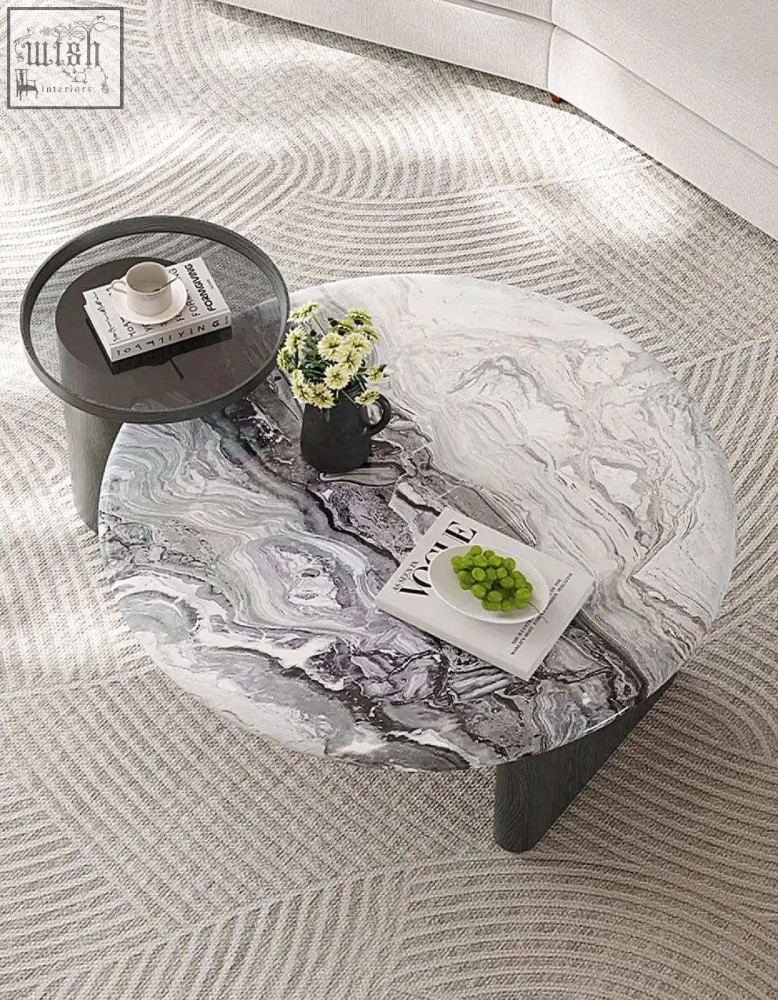Galatea round nesting marble coffee table with gray and white marble top and dark wooden legs perfect coffee table
