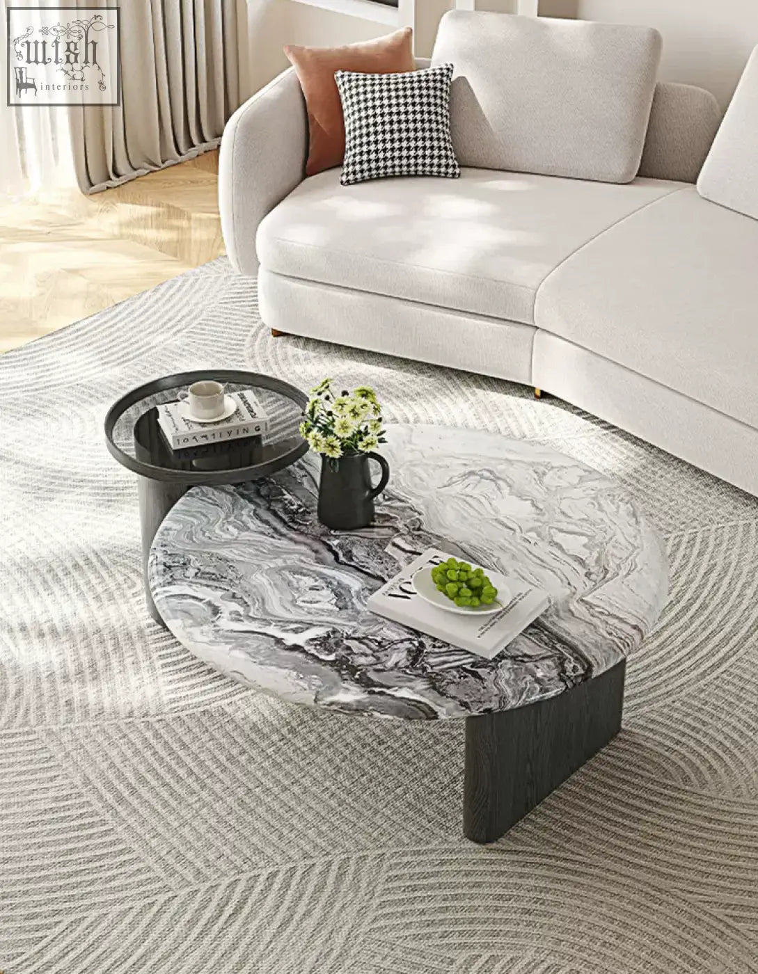 Modern galatea round nesting marble coffee table with black and white marble top and dark wood base coffee table