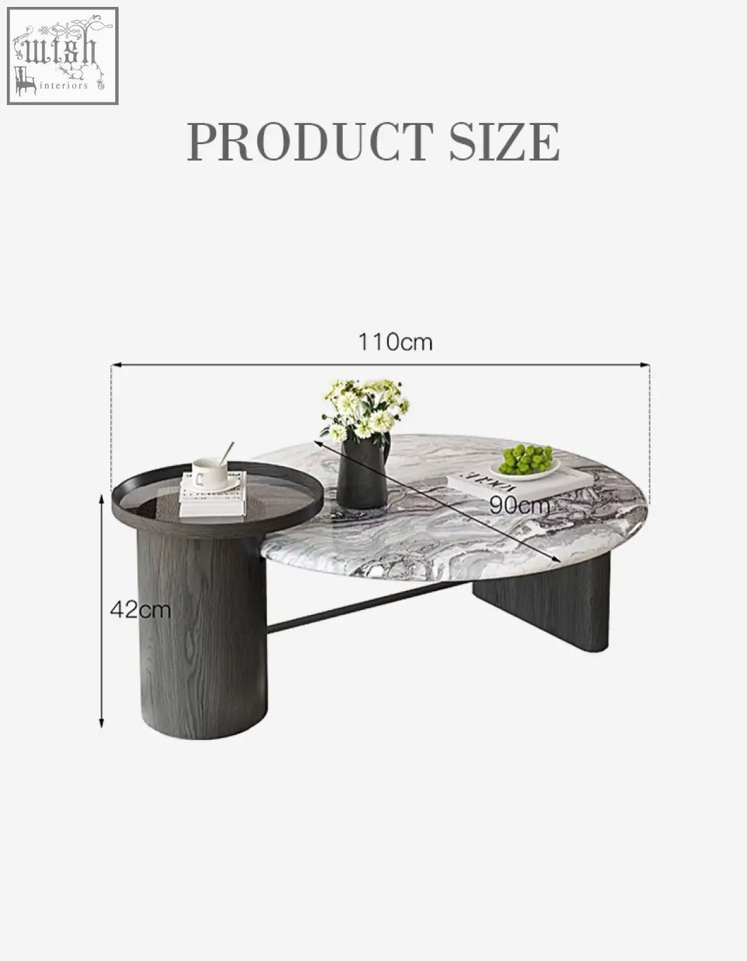 Modern oval coffee table with gray and white marble top and dark wood legs perfect as a marble coffee table