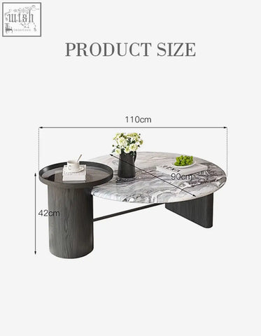 Modern oval coffee table with gray and white marble top and dark wood legs perfect as a marble coffee table
