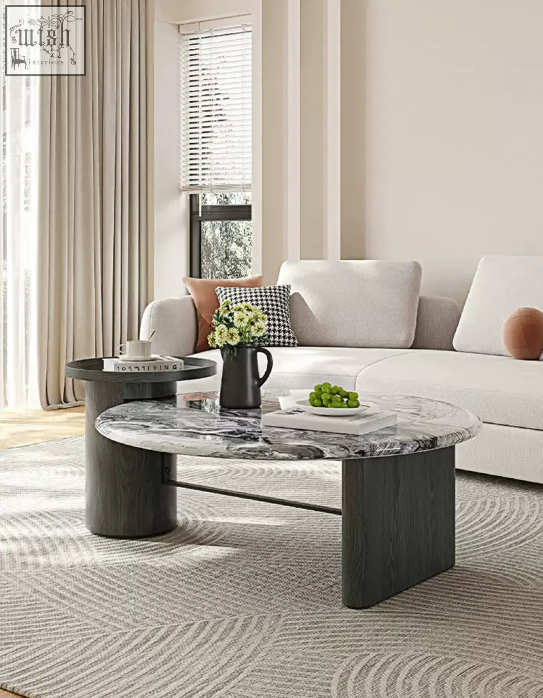 Modern galatea round nesting coffee table with polished black and white marble coffee top and dark wood legs