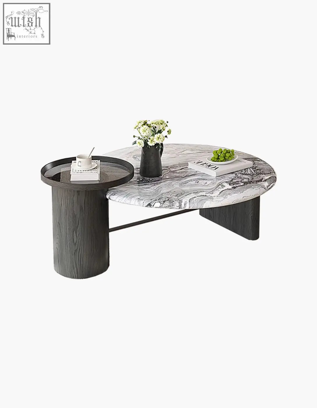 Modern oval marble coffee table with white gray marble top dark wood legs and black cylindrical side table