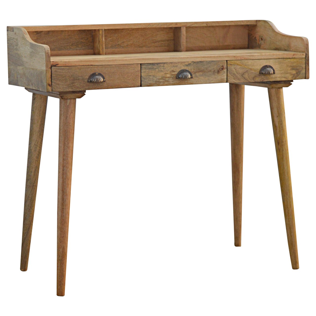 Light brown wooden gallery back shell writing desk with three drawers and silver shell-shaped handles