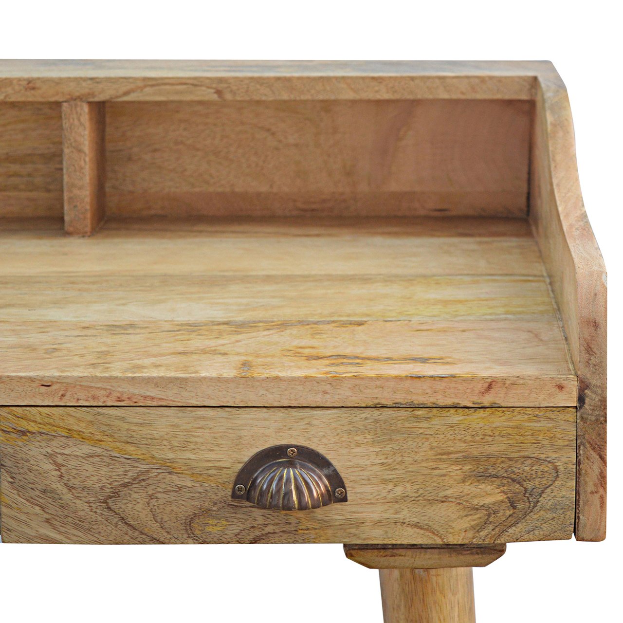 Light-colored wooden gallery back shell writing desk with single drawer and ornate dark metallic shell handle