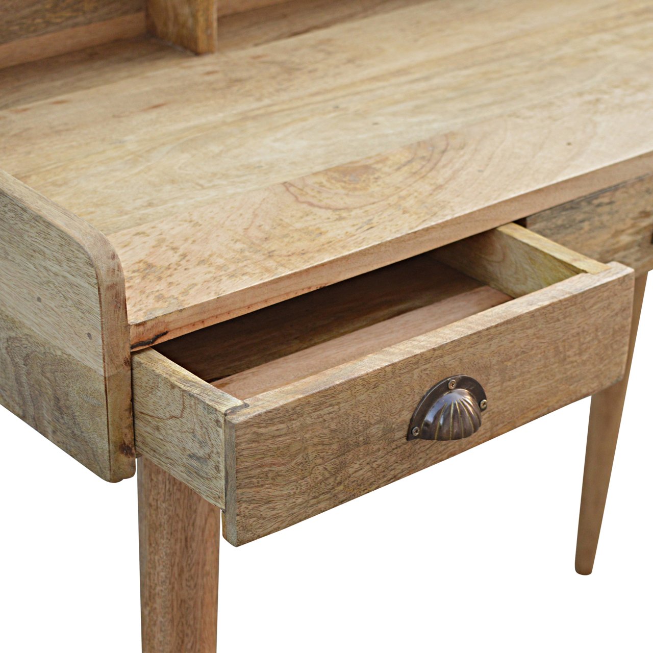 Light-colored wooden gallery back shell writing desk with a single drawer and metallic shell-shaped handle