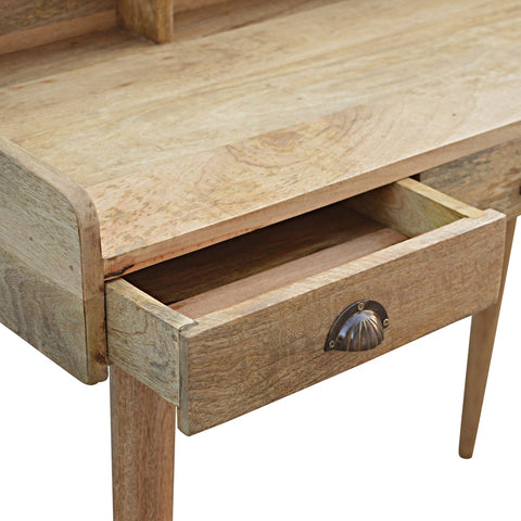 Light-colored wooden gallery back shell writing desk with a single drawer and metallic shell-shaped handle