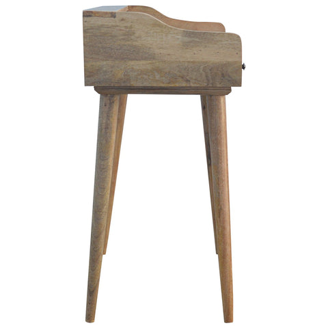 A light wood gallery back shell writing desk with tapered legs and a single drawer in mid-century modern style