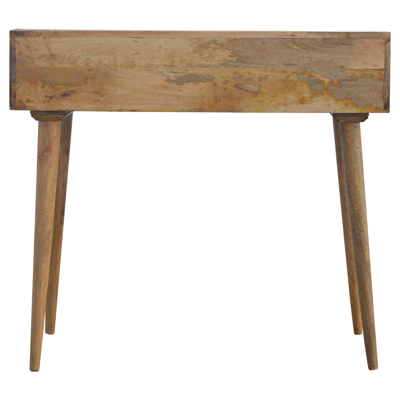 Gallery back shell writing desk showing rustic wooden console table with natural weathered finish and tapered legs