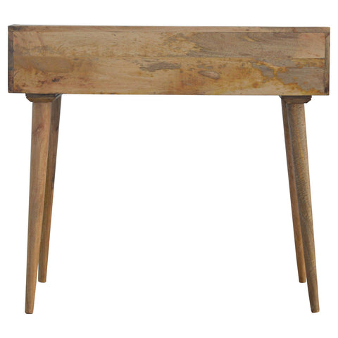 Gallery back shell writing desk showing rustic wooden console table with natural weathered finish and tapered legs
