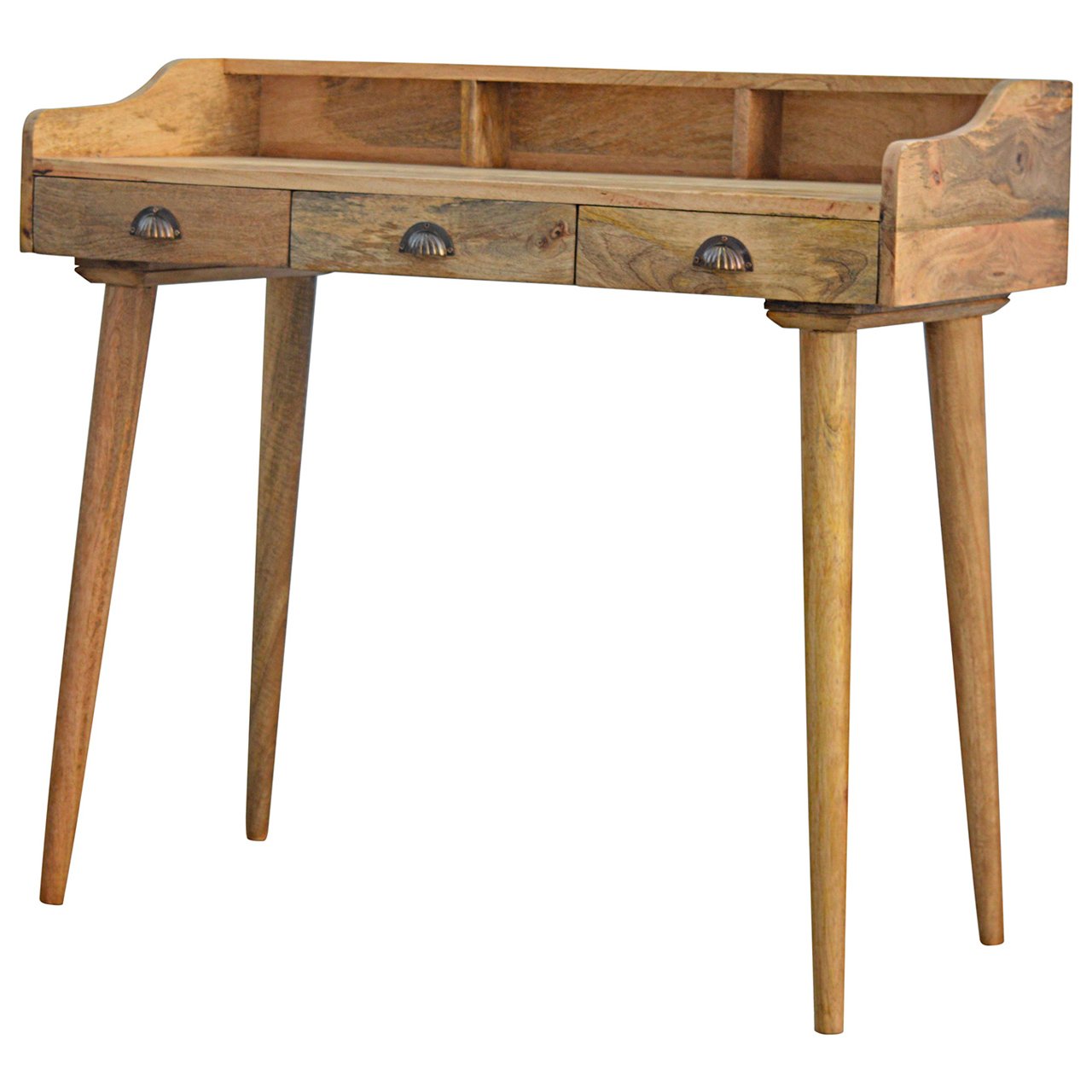 Gallery back shell writing desk with rustic wood, three shell handle drawers, and tapered legs for stylish workspace use