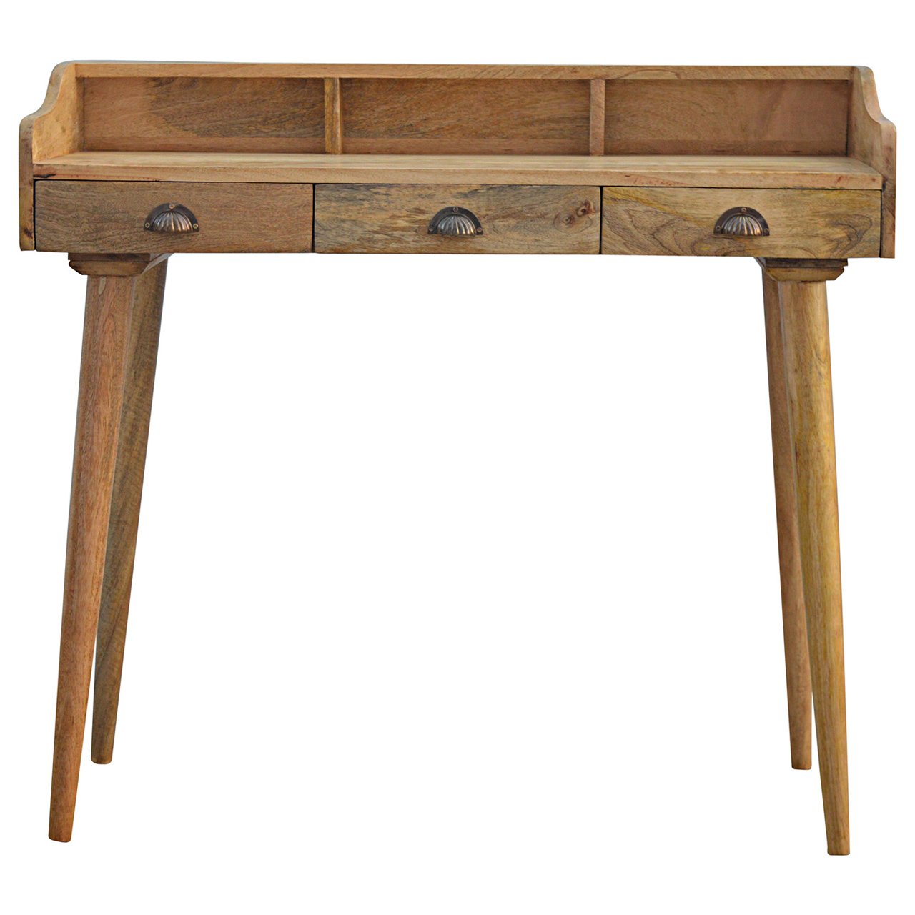 Gallery back shell writing desk rustic wooden with three drawers and dark metal shell handles on tapered legs