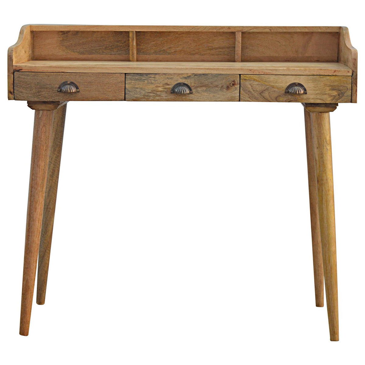 Gallery back shell writing desk rustic wooden with three drawers and dark metal shell handles on tapered legs