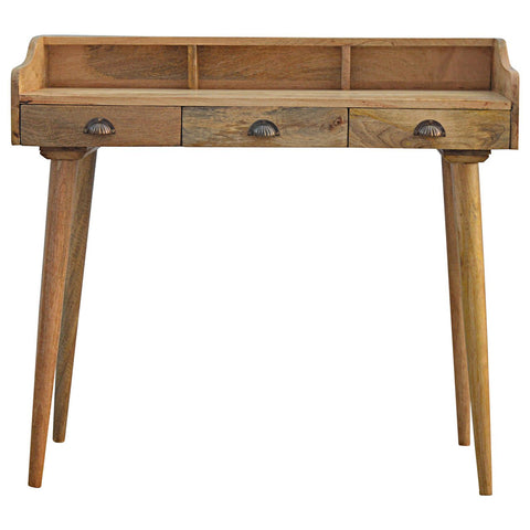 Gallery back shell writing desk rustic wooden with three drawers and dark metal shell handles on tapered legs