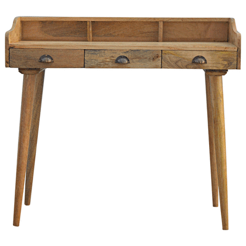Gallery back shell writing desk with rustic wood grain finish and three drawers with dark metal handles