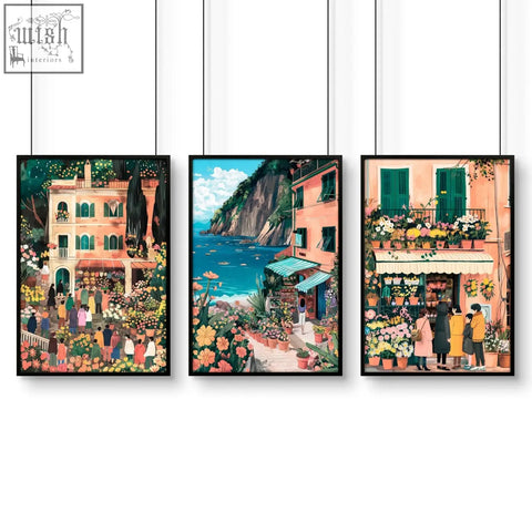 Three framed gallery wall frames with colorful italian lifestyle wall art featuring coastal towns and vibrant flowers