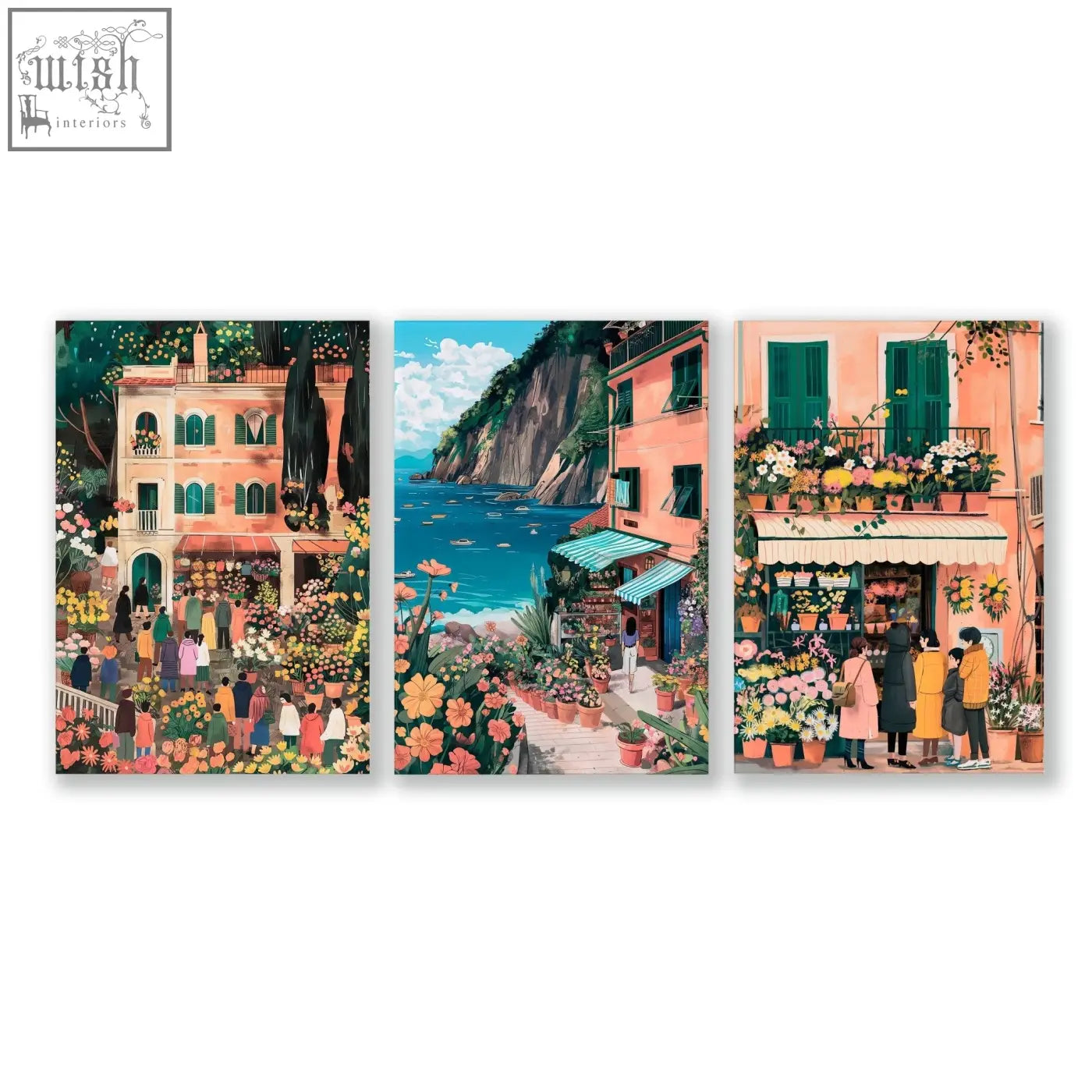 Set of 3 vibrant canvas gallery wall frames featuring colorful italian lifestyle coastal village wall art prints