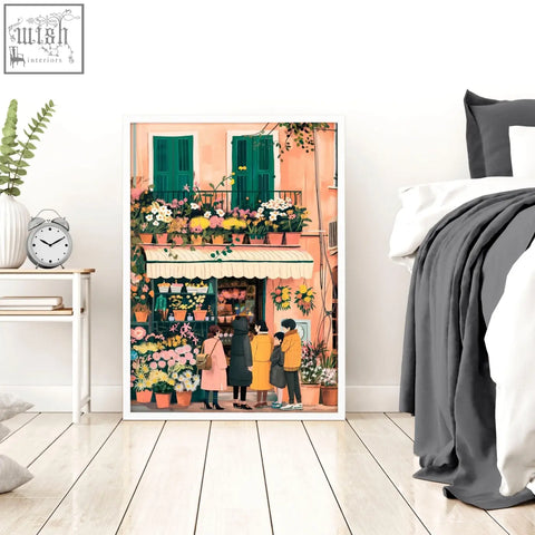 A framed italian lifestyle wall art print featuring vibrant flower shop blooms in gallery wall frames set of 3