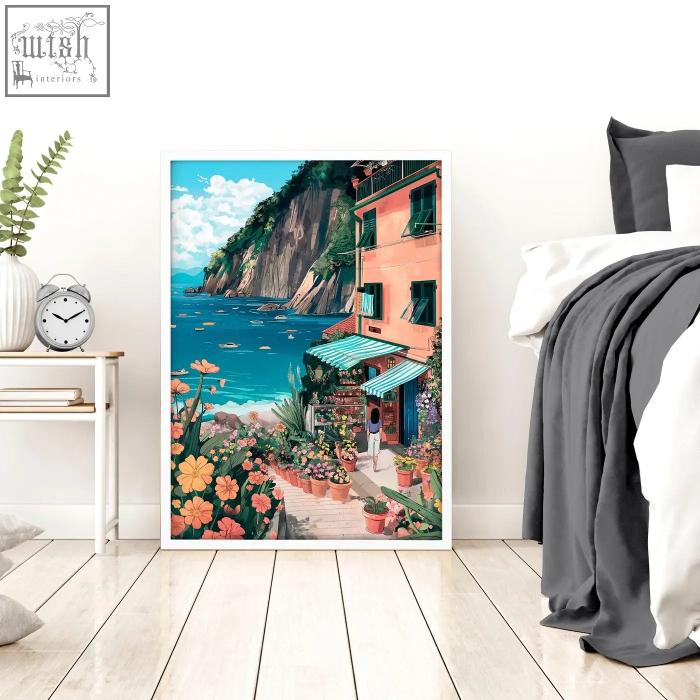 A framed wall art print featuring a vibrant terracotta coastal village scene for italian lifestyle gallery wall frames