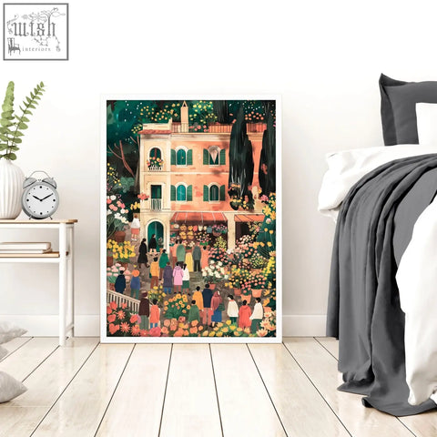 A framed illustration of a vibrant flower market scene in colorful buildings perfect for italian lifestyle wall art gallery wall frames
