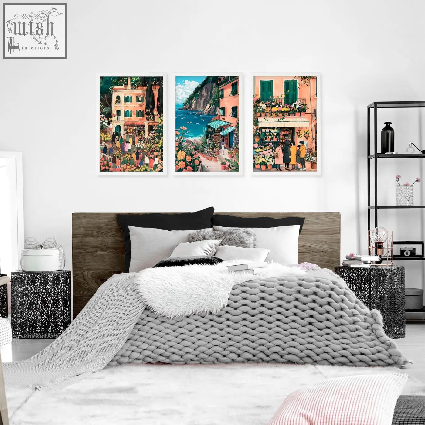 Gray knitted throw blanket with chunky textured weave draped over bed in gallery wall frames italian lifestyle room