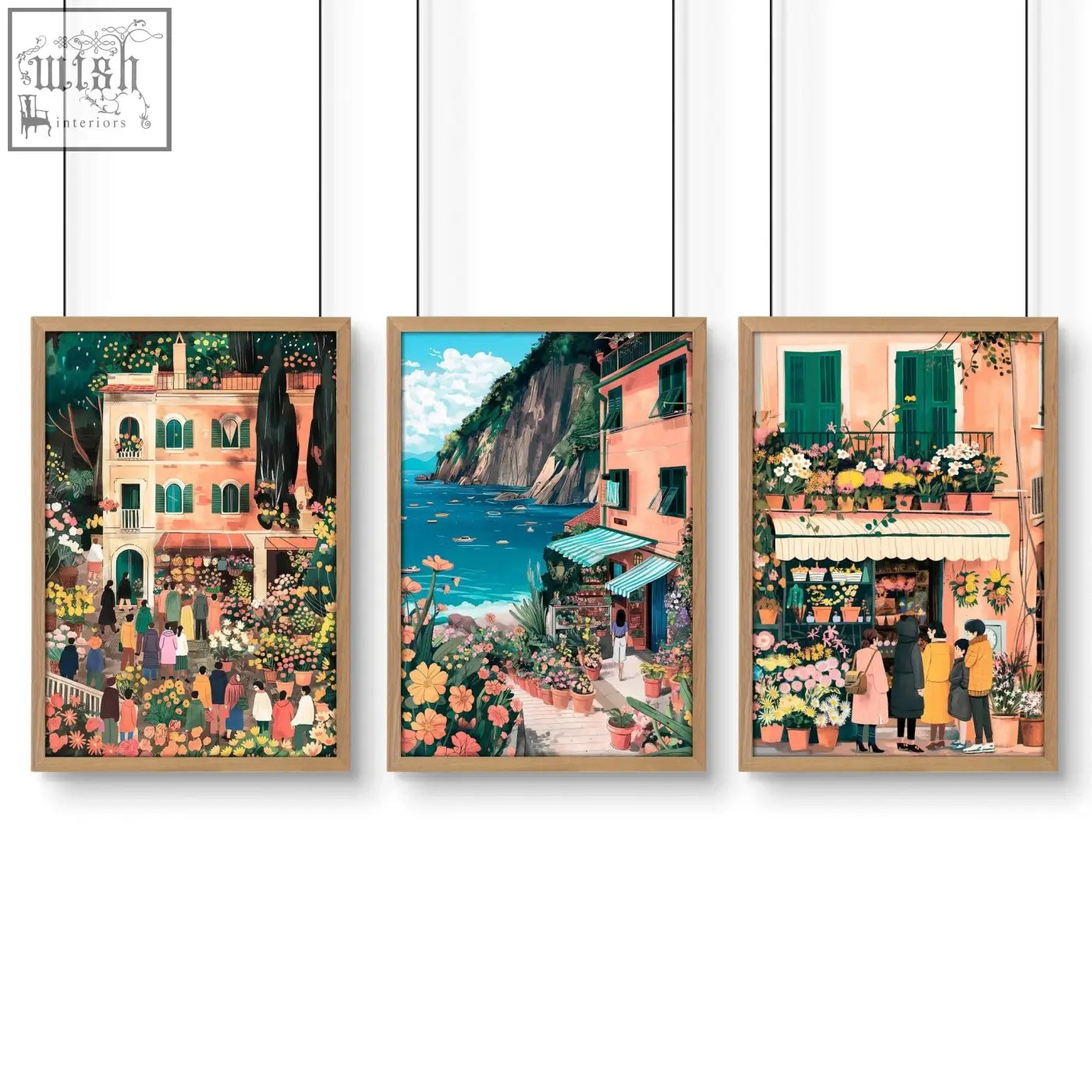 Three light wood gallery wall frames featuring colorful italian lifestyle coastal wall art prints set of 3